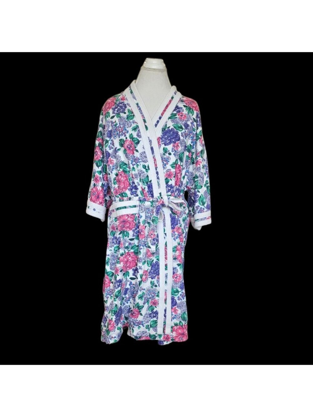 VTG Floral Robe Sz M Cottage Core Garden Terry White Trim Long USA Made